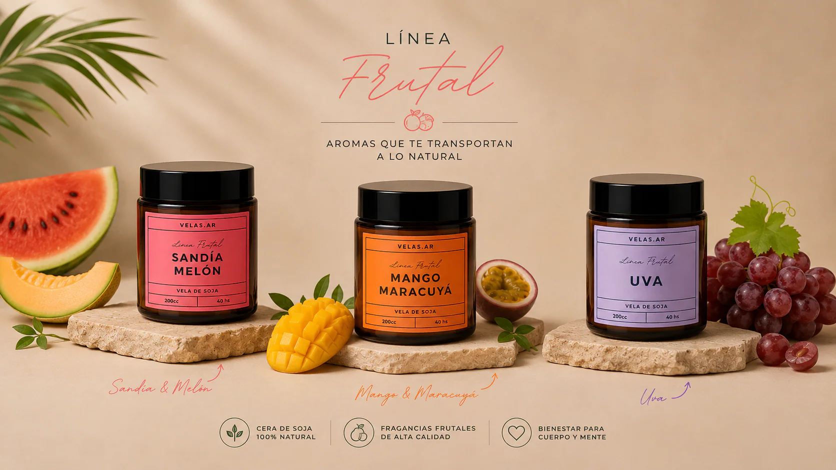 Línea Frutal Velas.ar con Sandía Melón, Mango Maracuyá y Uva