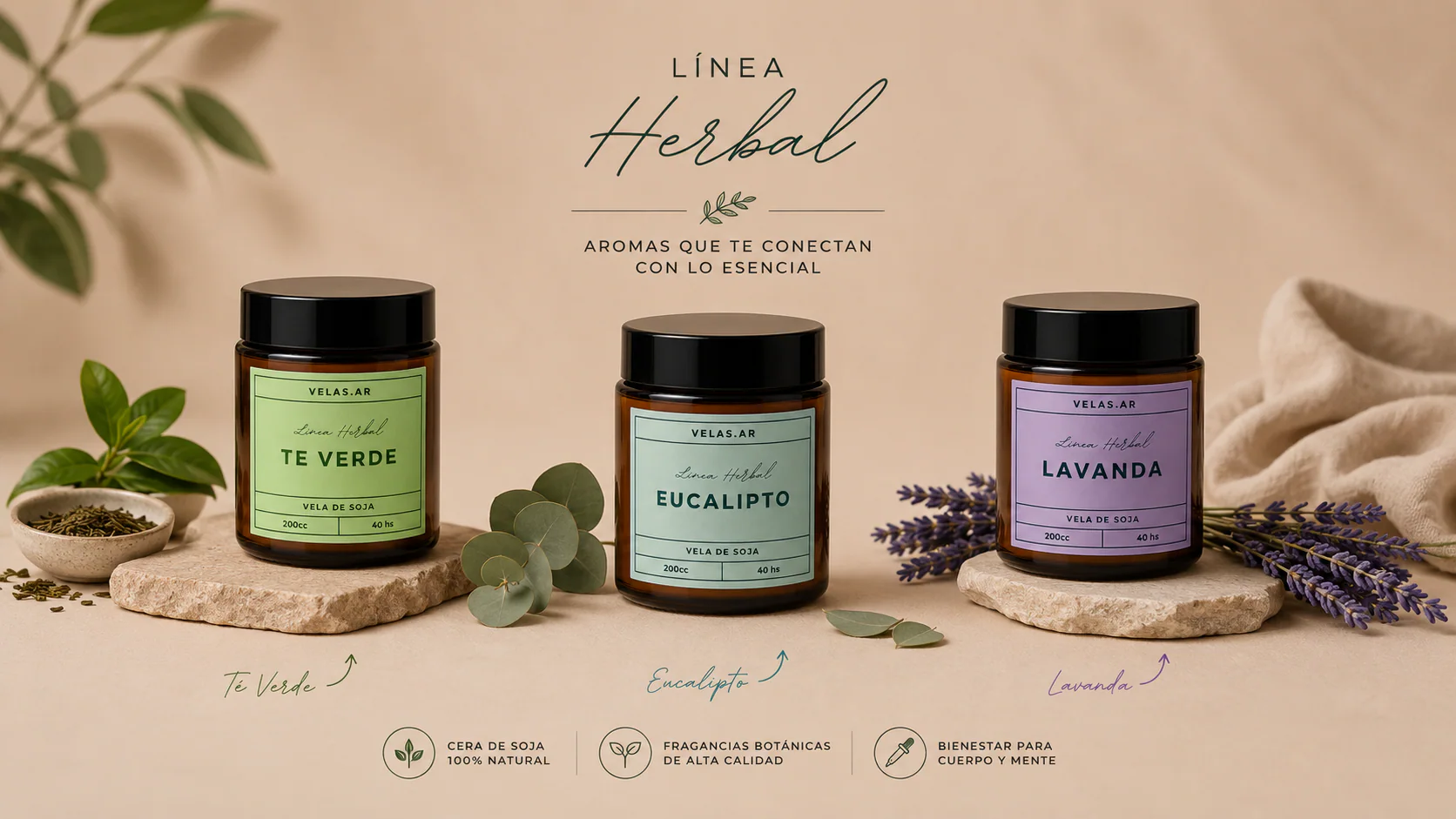 Línea Herbal Velas.ar con Té Verde, Eucalipto y Lavanda